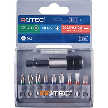 Rotec Juego de 10 puntas 1/4" 25 mm PZ/PH/SL + soporte rápido